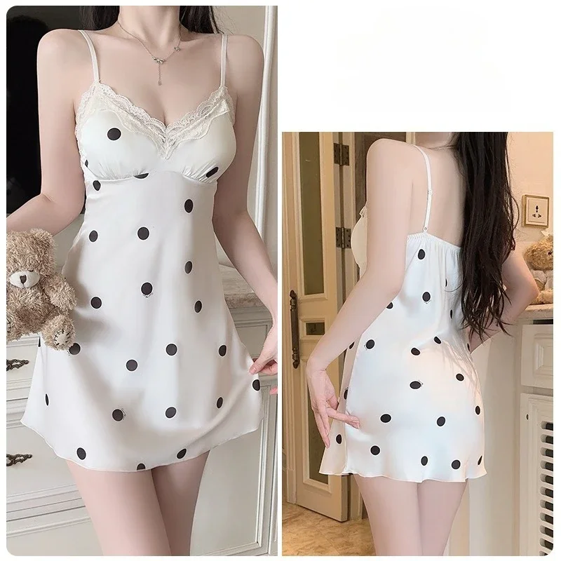 فستان سهرة نسائي مثير مجمع ومبطن بيجامة كبيرة الحجم فاخرة مغرية ناعمة من الساتان للاستخدام المنزلي فستان نوم