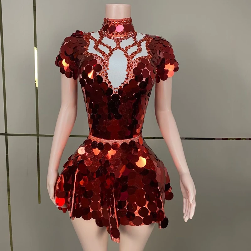 

Red Sequins Rhinestones Dress Women Celebrate Evening Dresses Drag Queen Outfit Group Jazz Wear Stage Gogo Dancer Costume XS7661