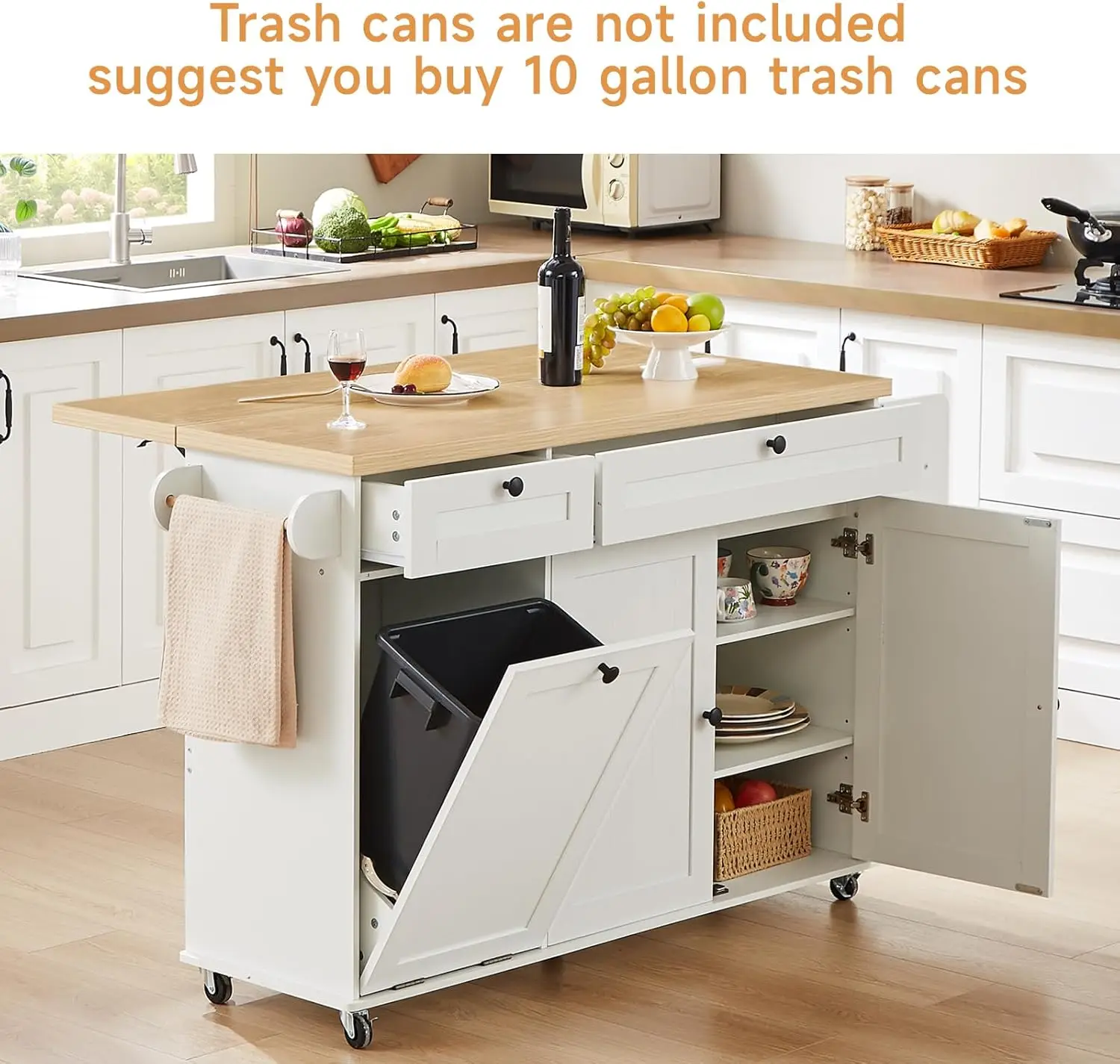 جزيرة مطبخ مقاس 60 بوصة مع مخرج طاقة وأوراق قطرة، جزيرة دوارة للمطبخ مع رف توابل ورف منشفة، حامل سكاكين