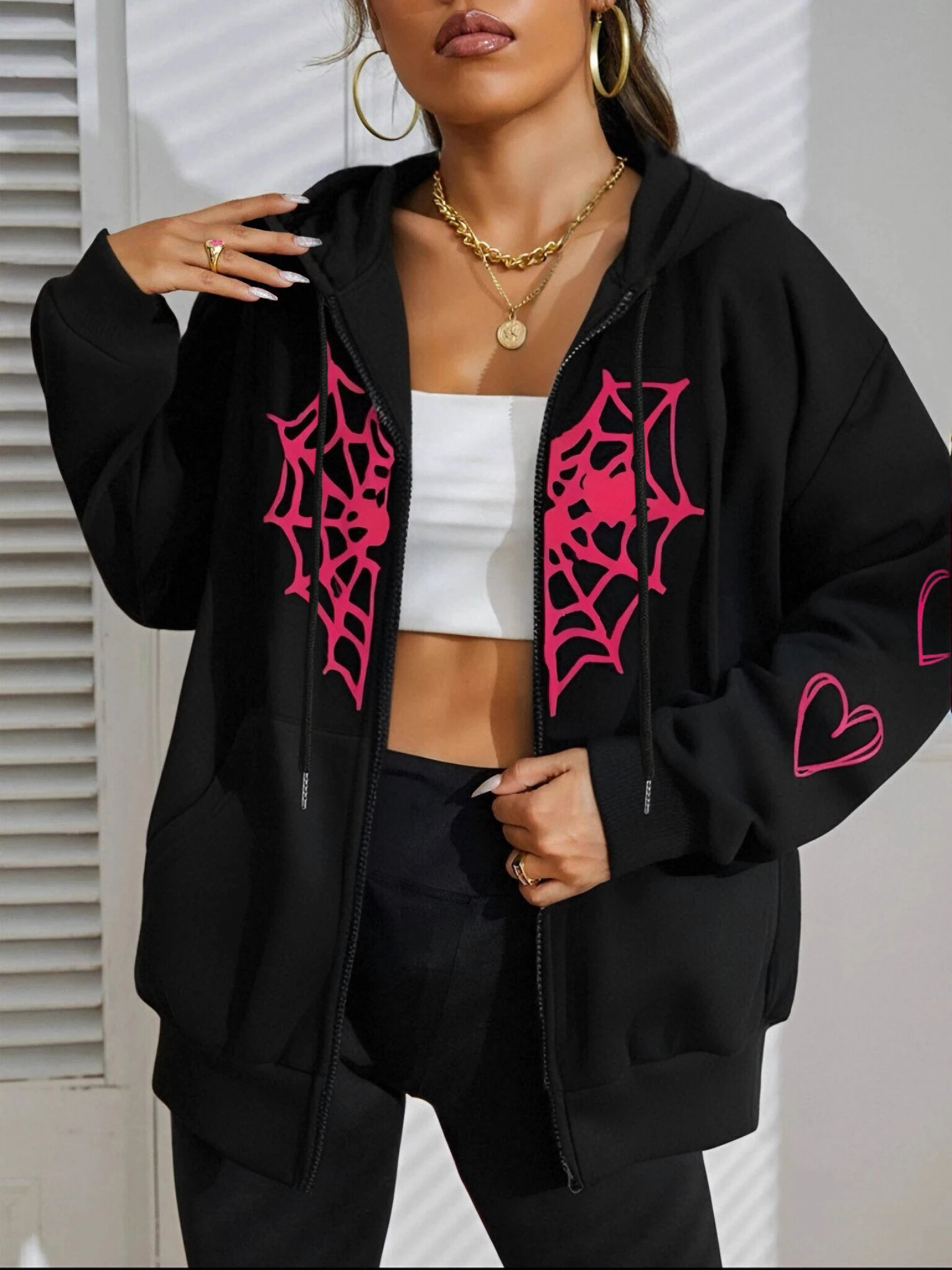 Spider Web & Heart Printing Zipper Hoodie Women Autumn Warm Hoody Fleece Street Clothing Casual Oversized Sportswears Female