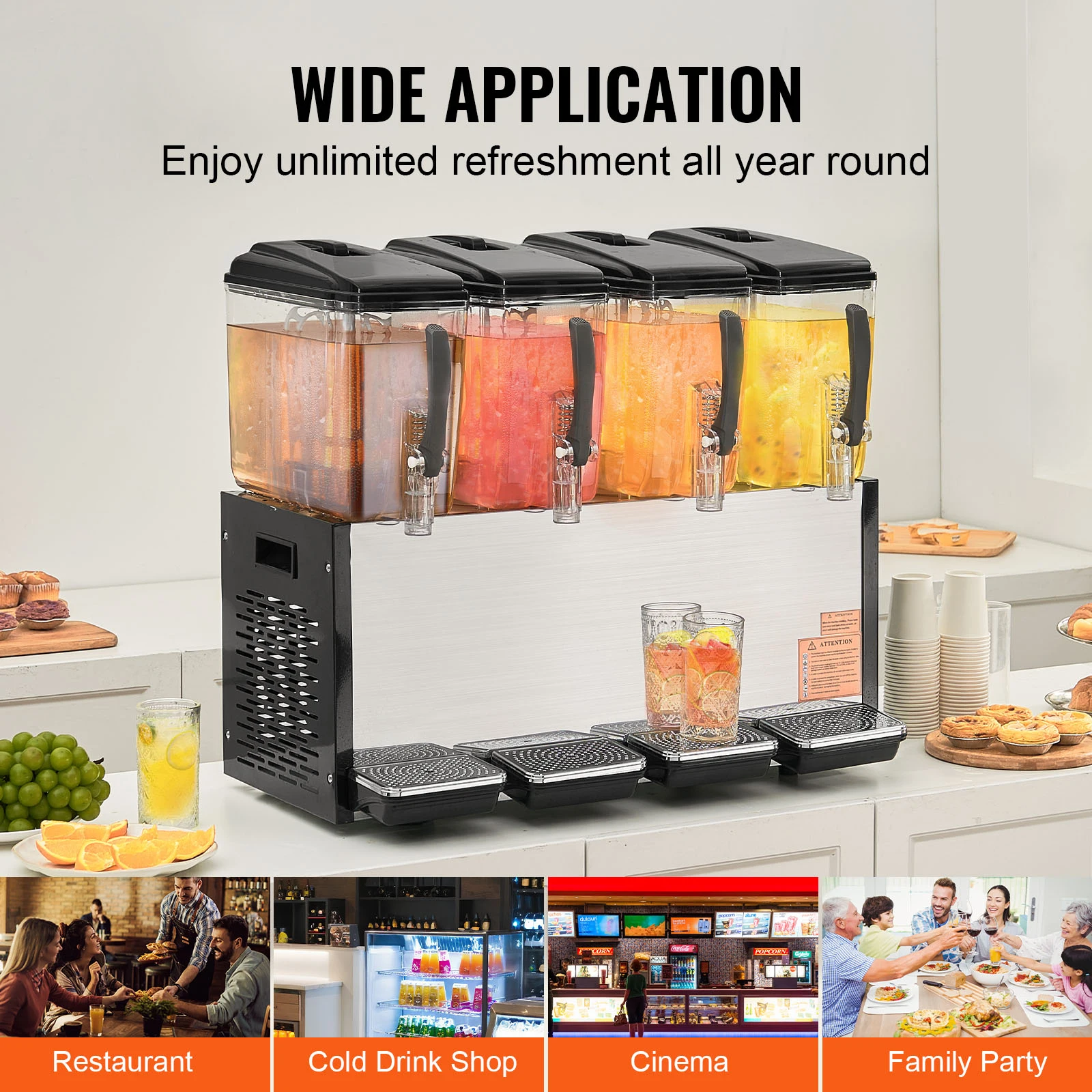 SucceBuy 4 Tanks Commercial Beverage Dispenser 10L/12L Per Tank Juice Dispenser Stainless Steel Ice Tea Drink Machine