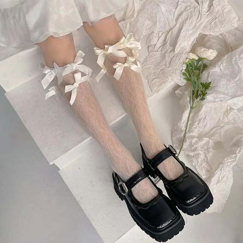 

195E Women Summer Sweet Floral Lace Calf Socks Japanese Satin Bowknot Student Princess Solid Color Over Knee High