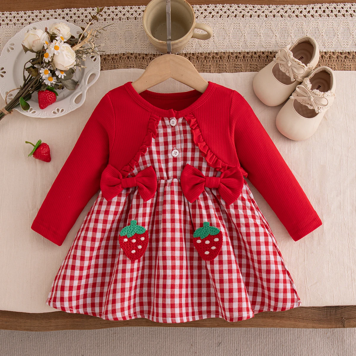 Spring Autumn Baby Girl Red Plaid Dress Strawberry Embroidered Bow Long Sleeve Dress for Girls Festival Party Clothing