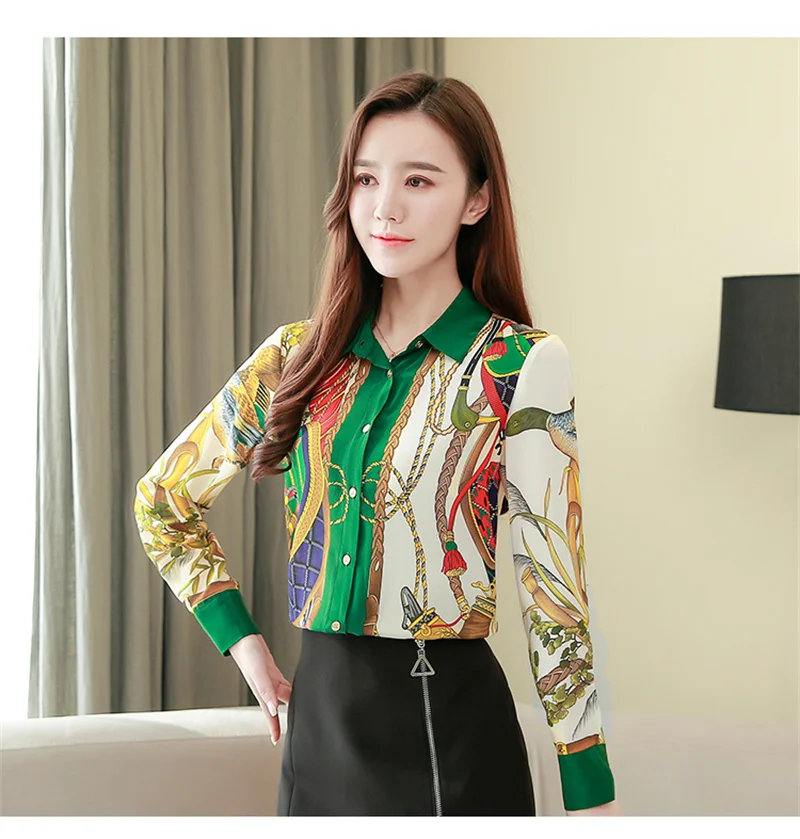 FANIECES S-3XL ropa de mujer Green Print Retro Shirt Women Blouse Elegant Spring Polo Long Sleeve Single Breasted Office 6112