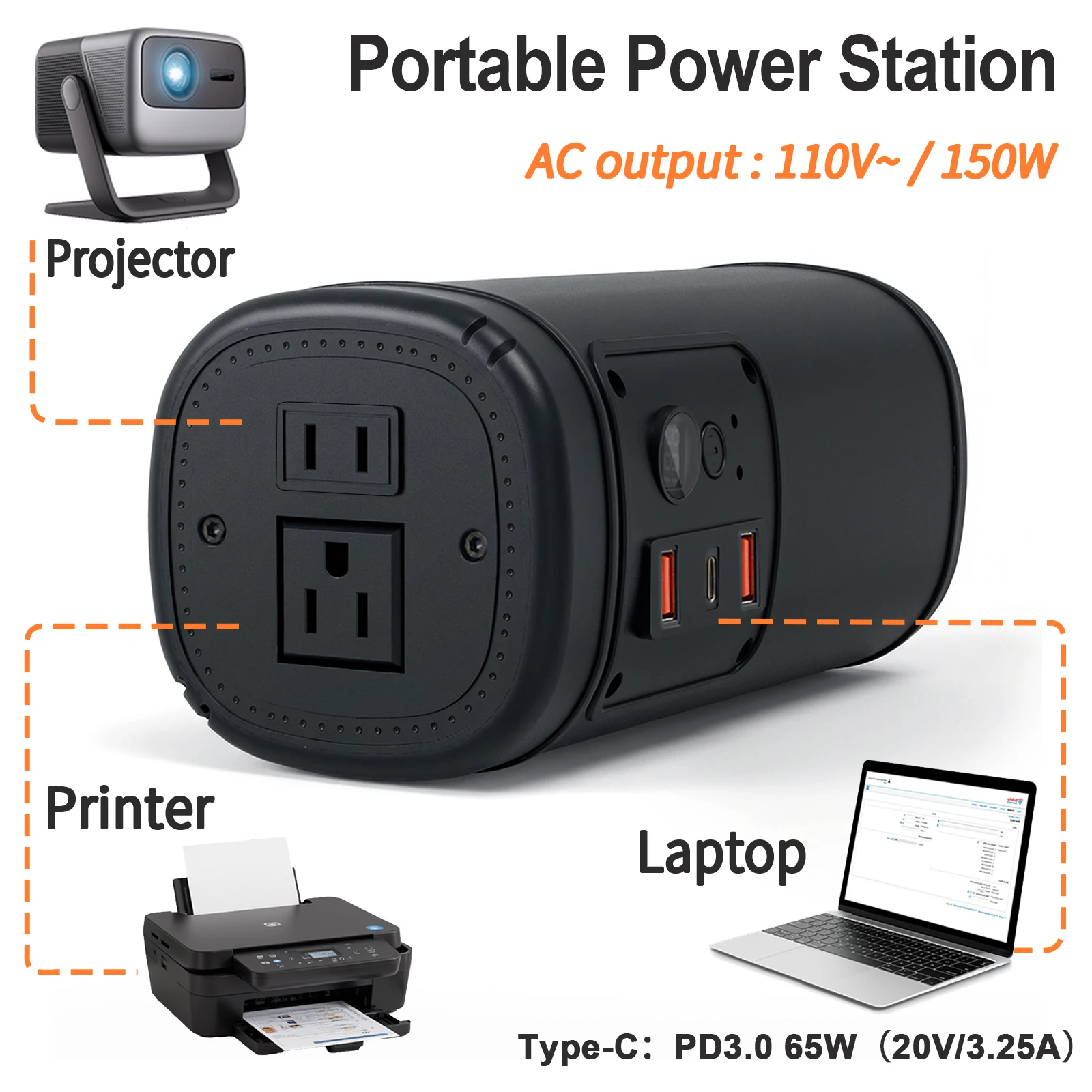 Portable Power Station 150W, 110V AC Inverter, 97.68Wh 26400mAH Li-battery, High Capacity Powerbank, Pure Sine Wave Current, Type-C 65W For Laptop Tablet Phones, Dual USBA 24W. Emergency Use, Mobile Office, Camping, Hunting, And Power Outages
