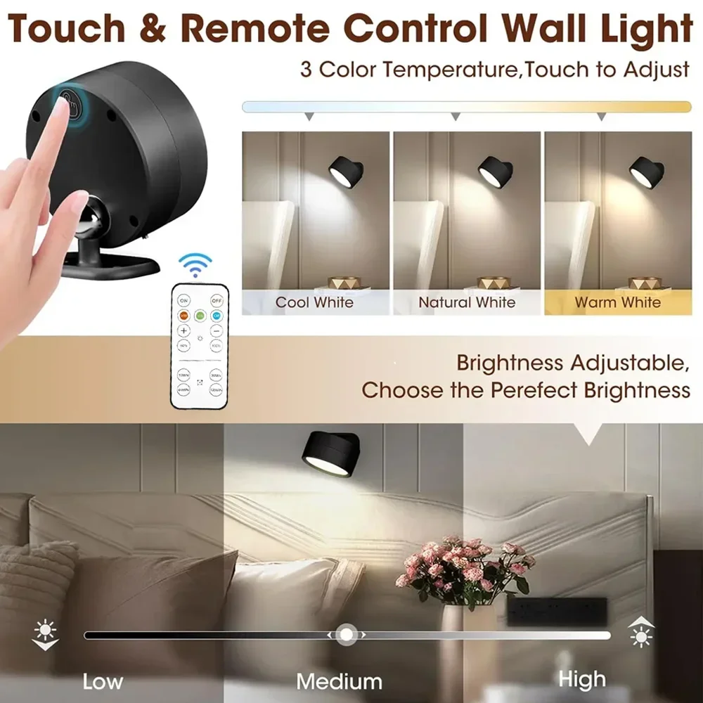 LED Wall Sconces light, 3 Brightness Levels 3 Color Modes Wall Lights Battery Operated 360° Rotatable Touch Control Wall lamp