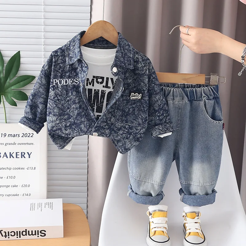 Toddler Spring Clothes 2026 New Baby Boy Clothes 1 To 5 Years Denim Jacket + White T-shirt + Jeans 3 Piece Set Kids Outfits