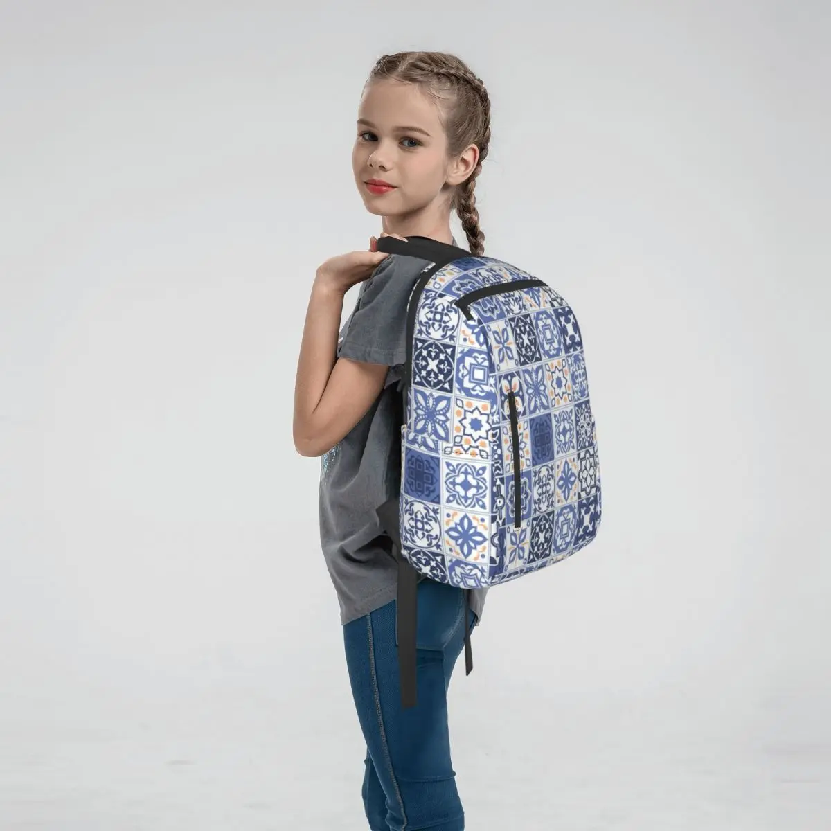 Blue Portuguese Tile Portugal Azulejo Flower Backpack Large Capacity Boys Girls BookBag School Bag Shoulder Bags for Men Women