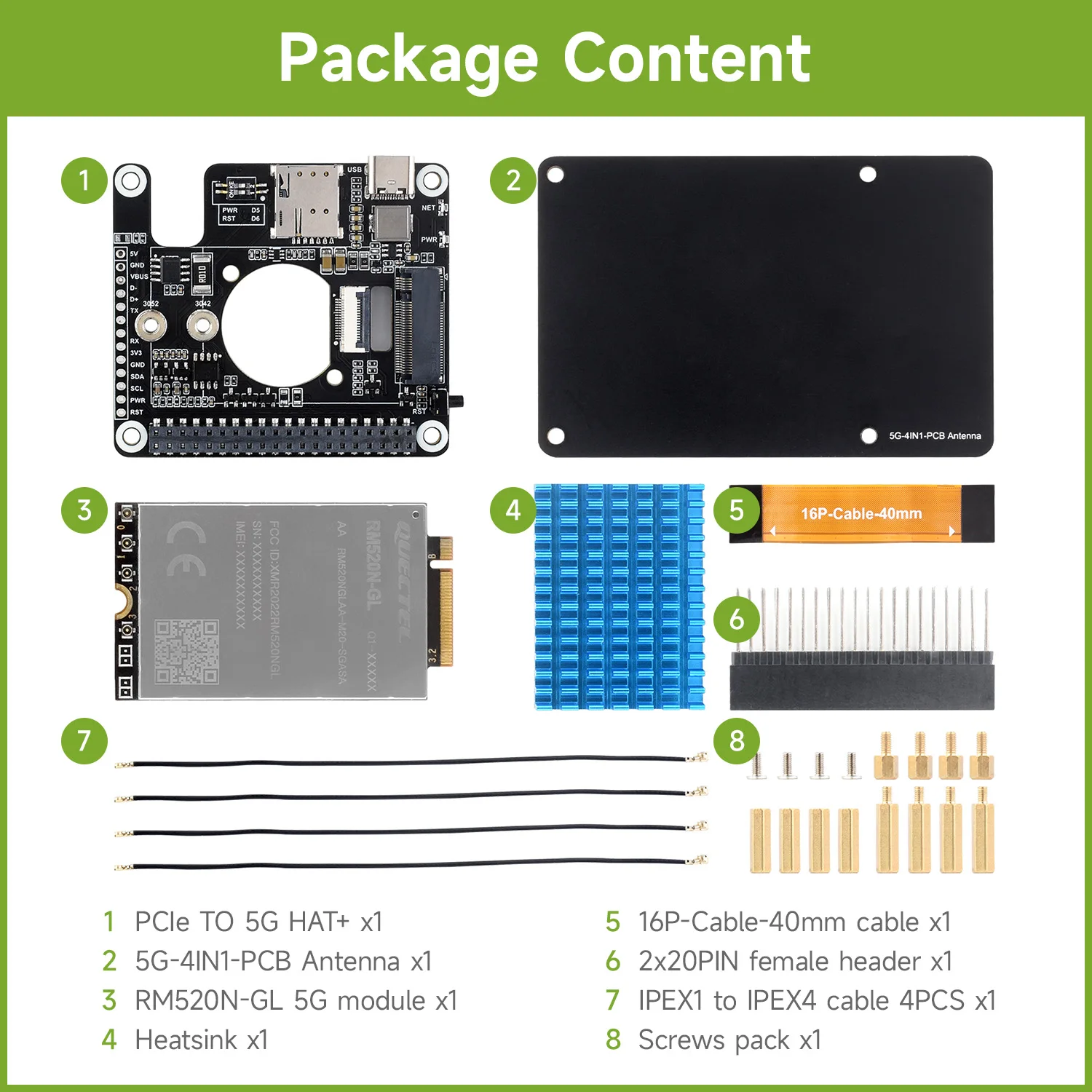 Waveshare PCIe to 5G/4G/3G HAT designed for Raspberry Pi 5, Compatible with 3042/3052 packages SIMCom/Quectel 5G modules