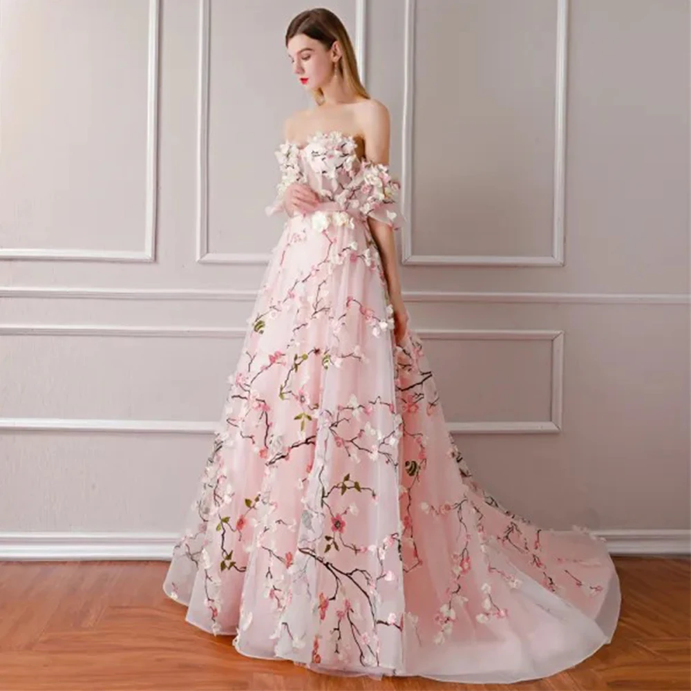 Droom prachtige bloemkant avondjurk liefje off-the-shoulder a-lijn gala sweep trein op maat gemaakte luxe feestjurk