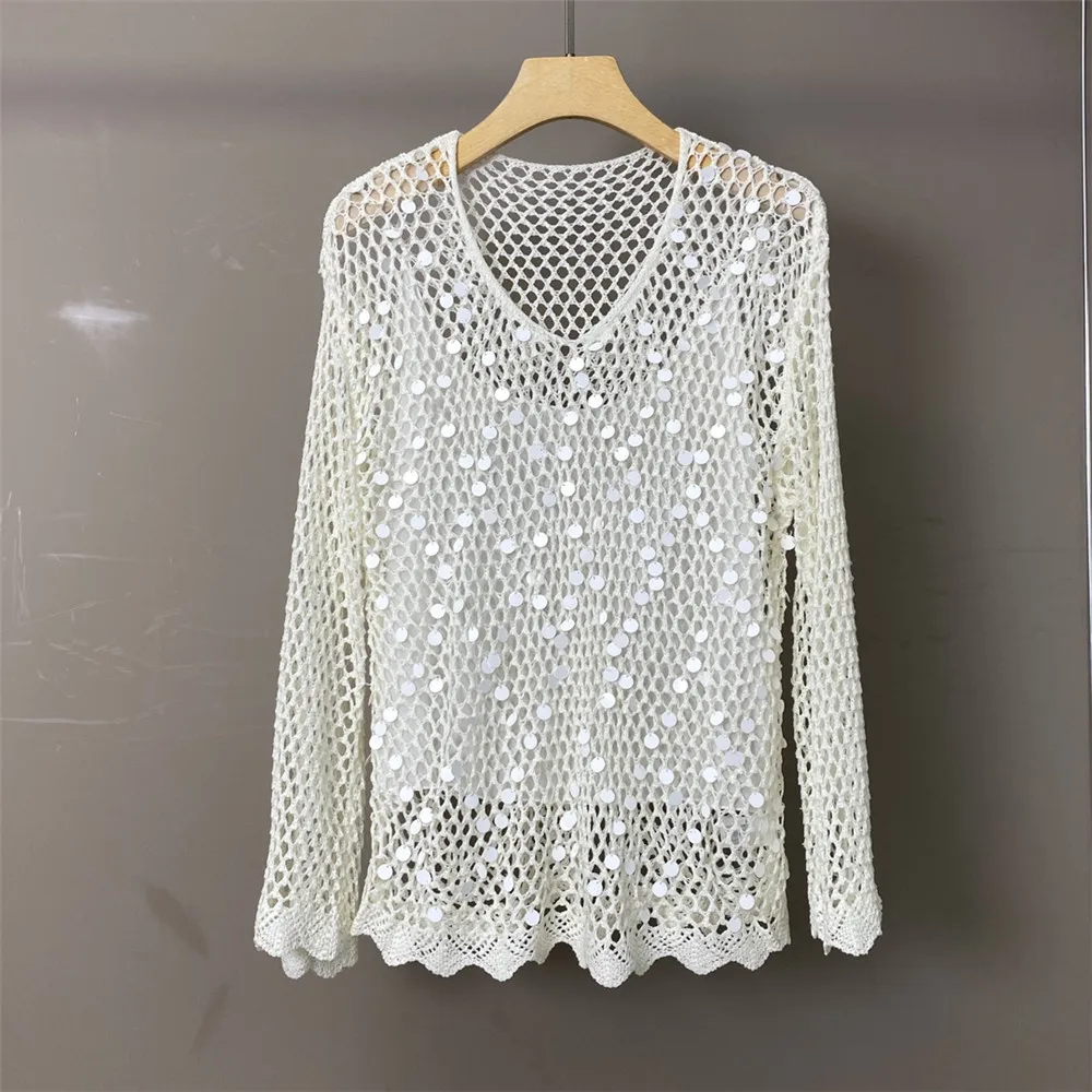 

25Early autumn New Women's Heavy industry Sequin Hollow-out Sequins Peach Heart collar Knitted Fashion Top