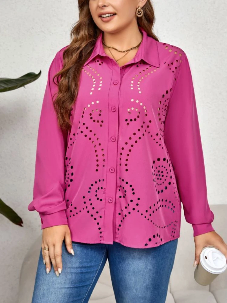 Plus Size Causal Shirts Women Turn Down Collar Long Sleeves Hollow Out Button Up Office Lady Casual Daily Wear Tops Blouses 4XL