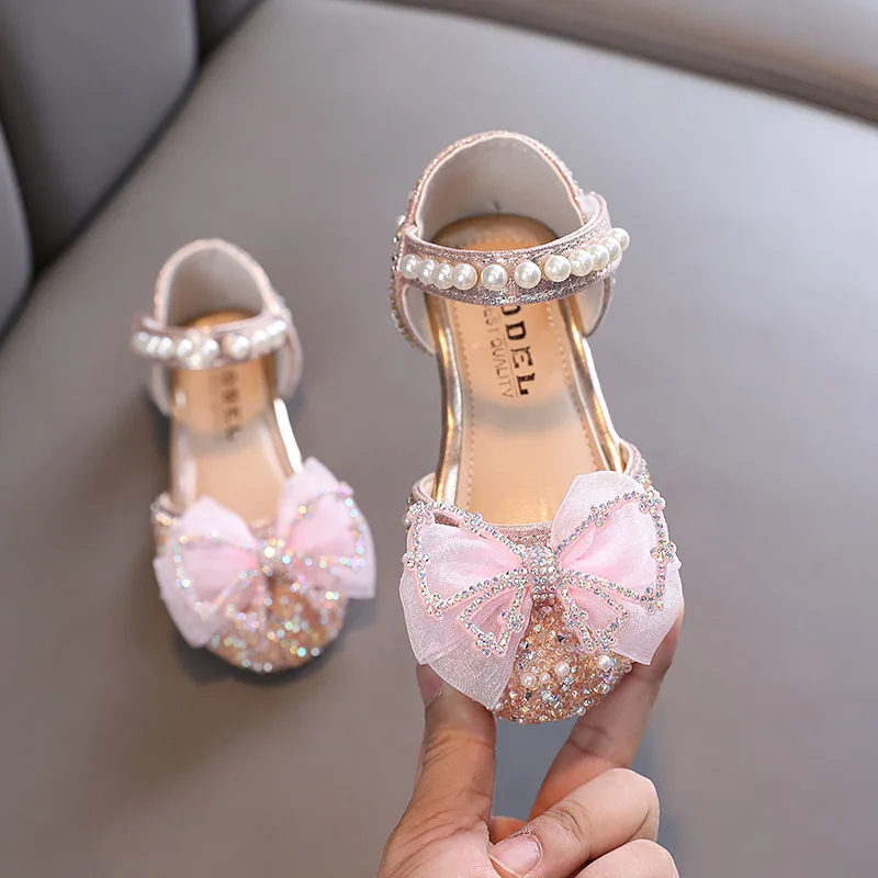 Summer Children\'s Sequins Sandals Sweet Girls Sandals Rhinestone Bow Sandals Fashion Kids Pearl Princess Shoes J318