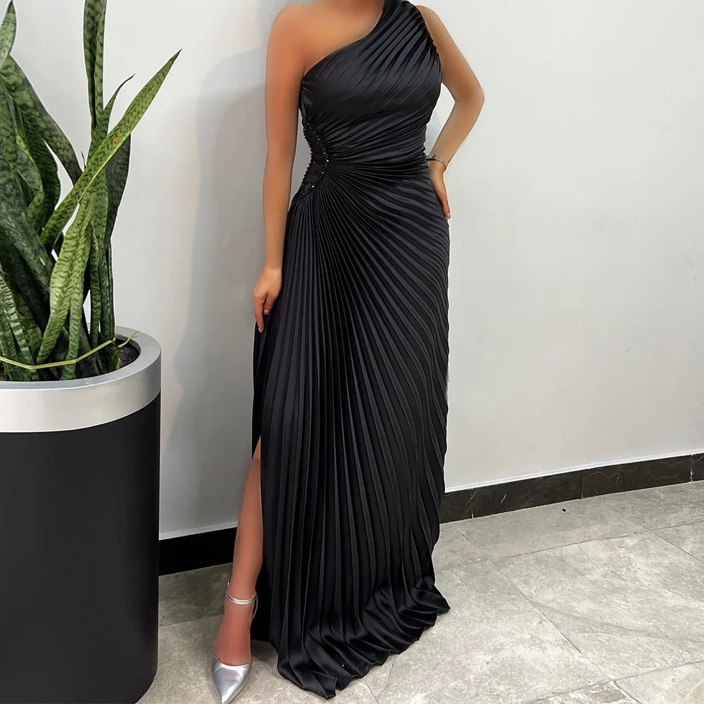 

Side Slit Evening Dress Floor Length Off the Shoulder Satin Sleeveless Party Dress Custom Size Photo Color Modern and Sexy