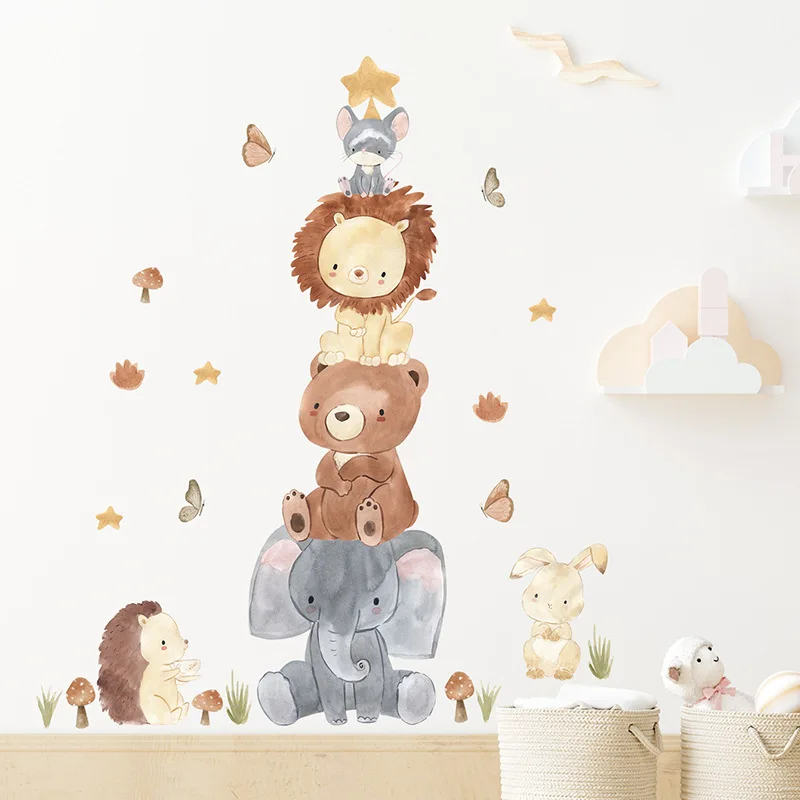 Cartoon Animals Wall Stickers for Children Kids Rooms Girls Boys Baby Room Decoration Wallpapper Elephant Bear Lion Wall Decals