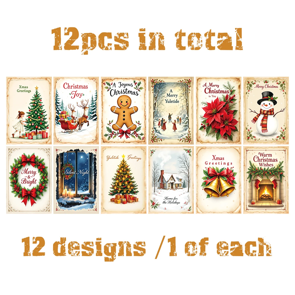 12 Stück Vintage-Weihnachtswandkarten – Yuletide-Gruß, für Zuhause, Büro, Party-Hintergründe, Weihnachtsbaum-DIY-Dekoration, Geschenkverpackungskarte