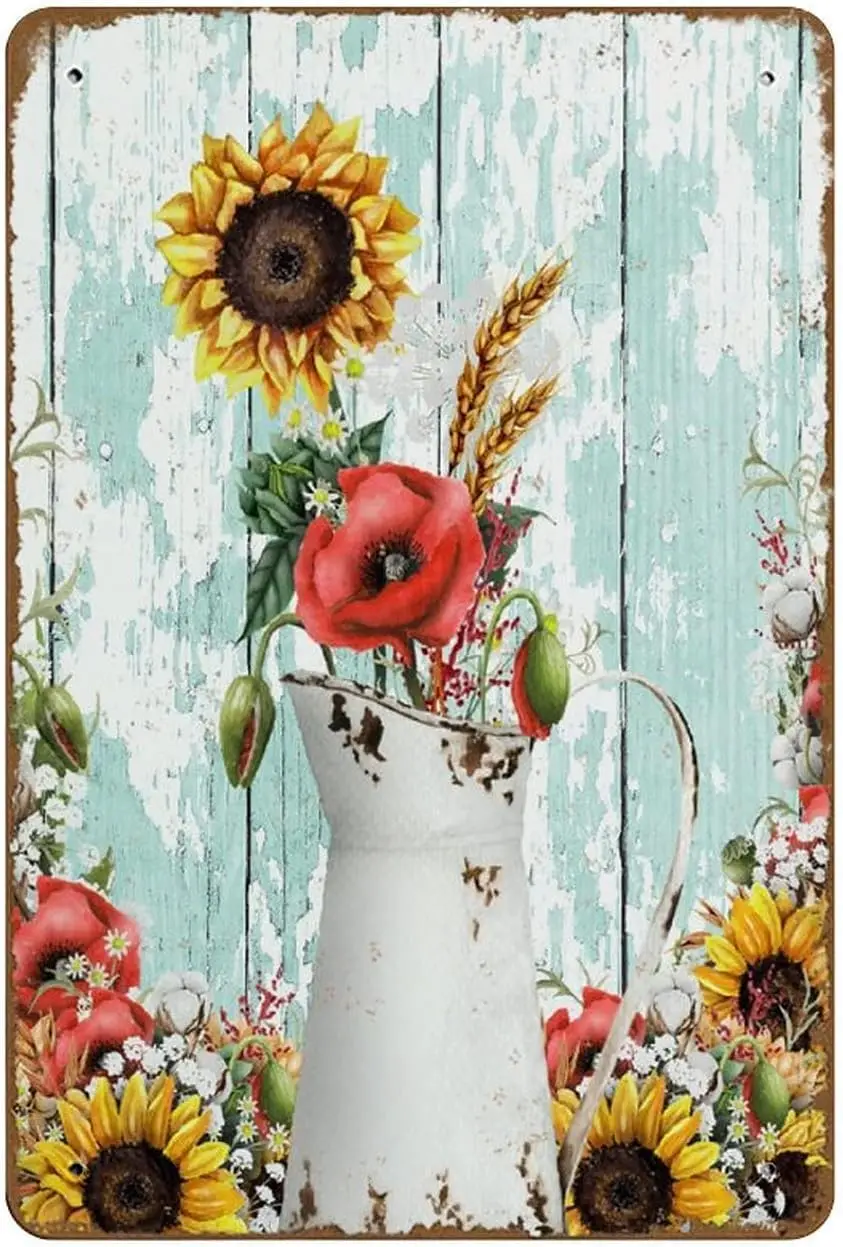 q1, ramo de girasoles florales de granja, arte de pared, letrero de amapolas, decoración de flores de campo, madera rústica de agua, novedad, letrero de estaño de Metal Retro