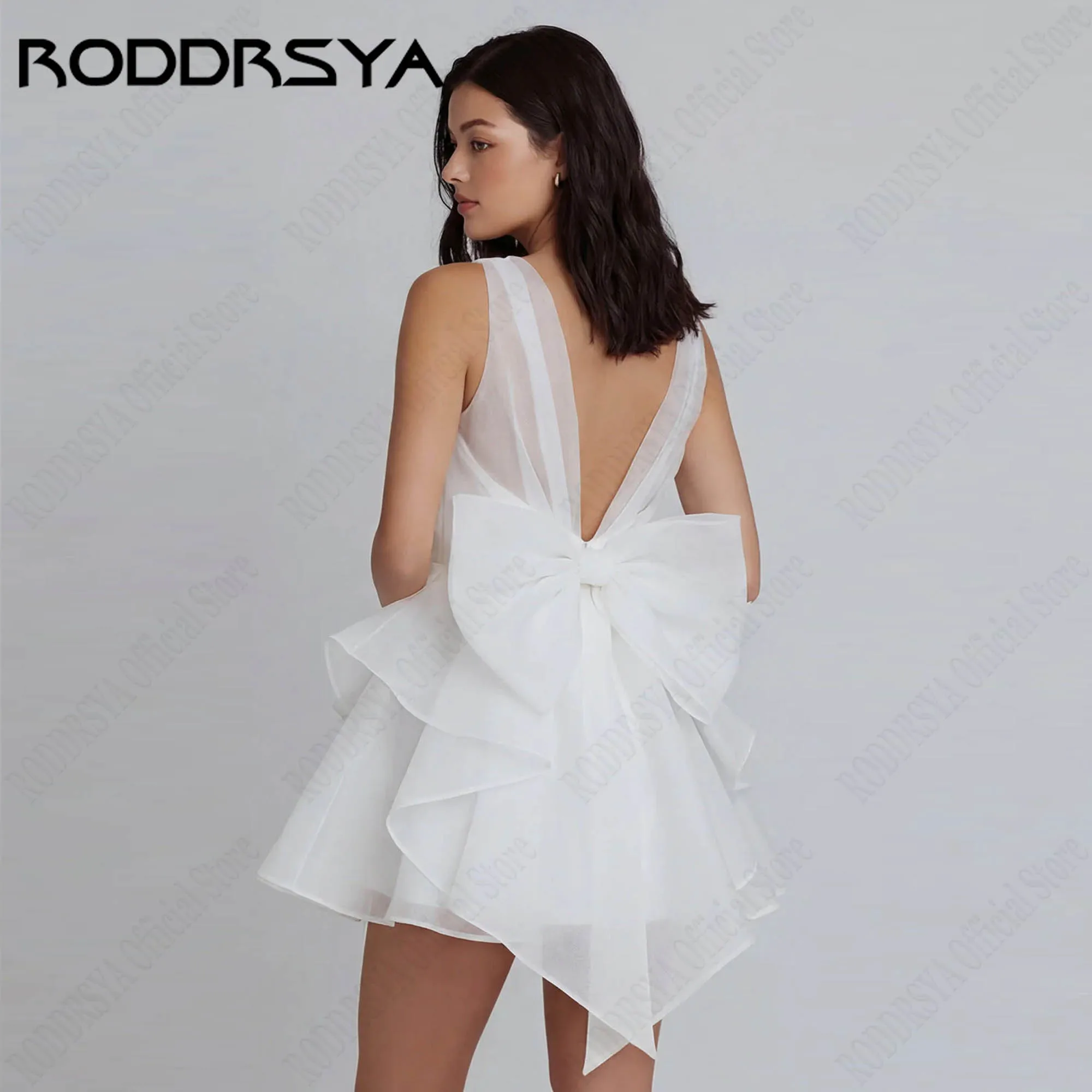 RODDRSYA White Mini Wedding Dress V-Neck Backless Big Bow Organza Ruffle Skirt Bride Shower Gown Simple vestido novia Customized