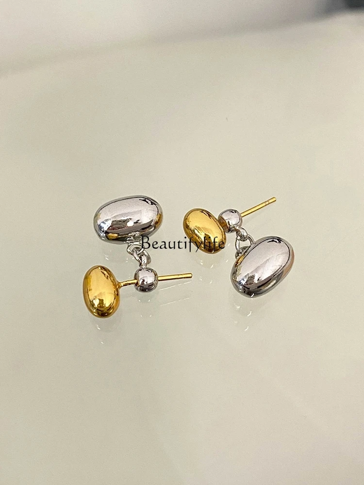 Temperament Entry Lux Trendy Earrings Back-Mounted Minimalist Special-Interest Design Oval Metal Beanie