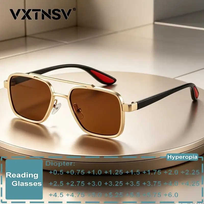 Retro Pilot Brown Reading Glasses Men Women Metal Square Double Bridge Shades Anti Blue Light Presbyopia Prescription Eyeglasses
