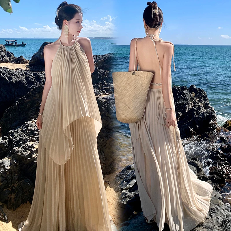 Summer Female Beach Dress Backless Lady Holiday Clothes Solid Color Long Loose Halter Collar Maxi Skirt Chiffon Pleated Twinset