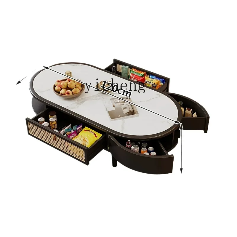 TQH coffee table oval black retro rattan home Nordic simple living room small apartment rock slab storage coffee table