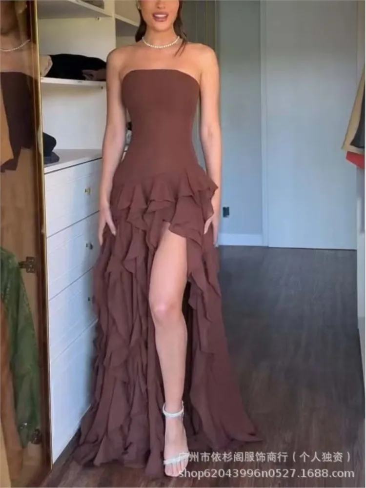 

Elegant Ruffle Slit Ball Gowns Dresses Woman Sexy Strapless Slim Long Dess Summer Sleeveless Backless Hollow Maxi Dress Vestidos