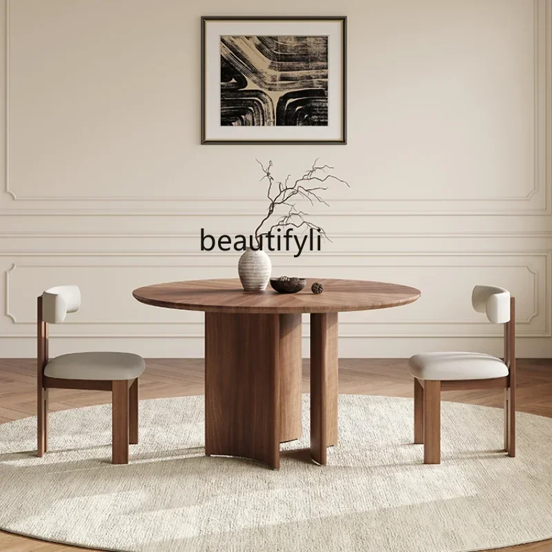 

French Retro Solid Wood Dining Table round Modern Simple Home Black Walnut Chinese Style Round Table