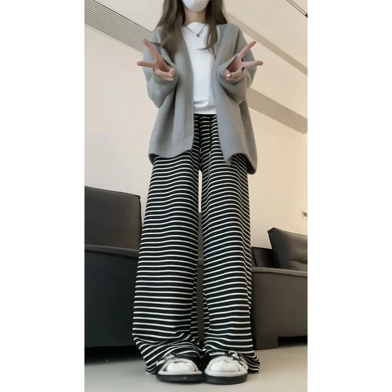 Elastic Waist Striped Contrast Lazy Casual Pants Spring Summer Loose All-match Vintage Wide Leg Pants Korean Trend Women Clothes
