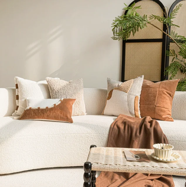 Wabi-Sabi Style Cotton-Linen Throw Pillow in Coffee & Off-White, Premium Sofa Back Cushion for Living Room, High-End Hotel, Home