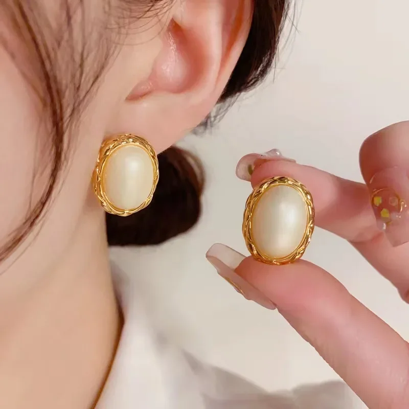 Stainless Steel 18K PVD Plated Korean Style Yellow Simulated Pearl Oval Stud Earrings for Women Daily Fashion Jewelry Gift