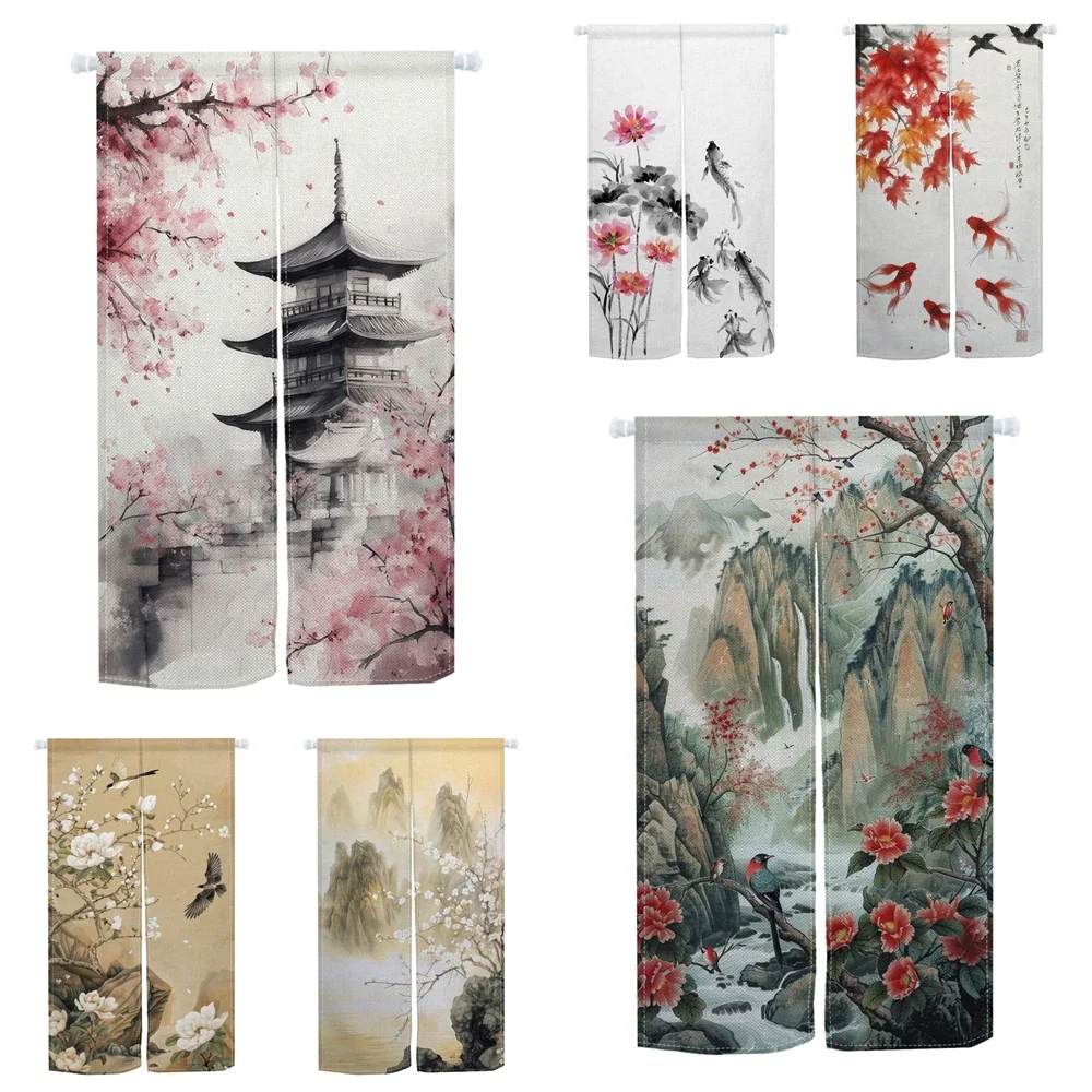 Japanese Noren Door Curtain Traditional Ink Painting Pagoda Cherry Blossom Design for Home Decor Partition Split Half-curtain