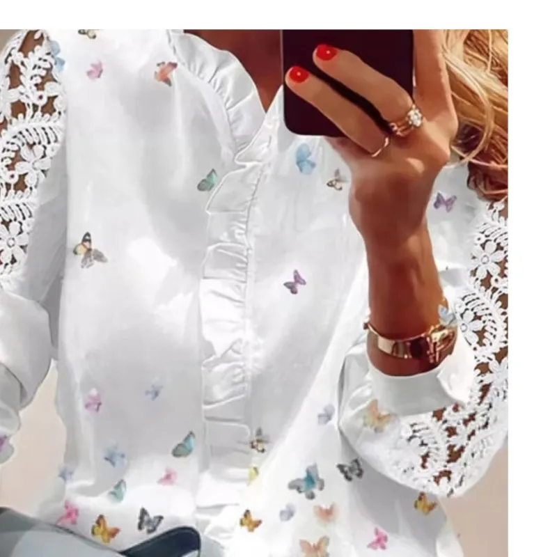 2025 New Elegant Women's Shirts Fashion Long Sleeve Butterfly Print White Lace Blouses Women Ruffled Hollow Out Blouse Female