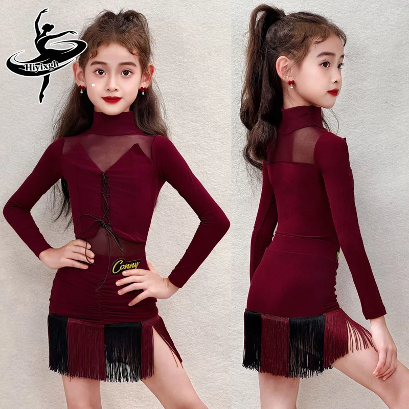 

Новый костюм для латиноамериканских танцев 2026 года для девочек: одежда для соревнований и выступлений, боди с длинным рукавом и юбка с бахромой для латиноамериканских танцев