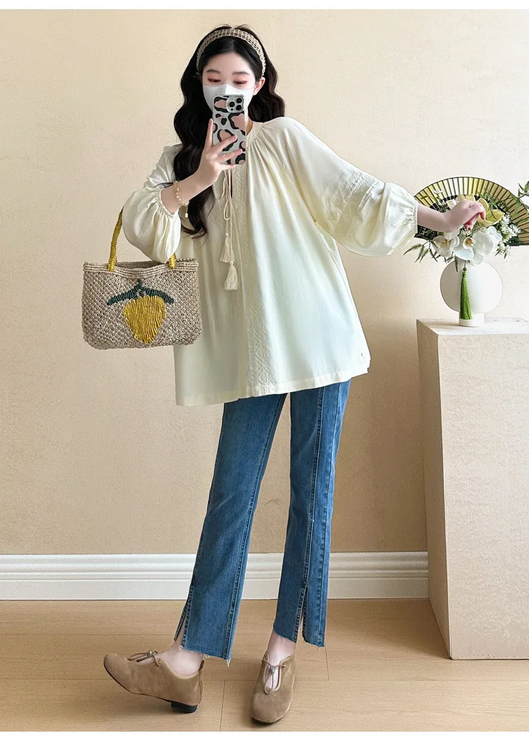 الأمومة أعلى 2025 الخريف جديد الكورية نمط فضفاض تنوعا الحد الأدنى لطيف فانوس كم بيبي دول بلوزة منتصف طول القمصان