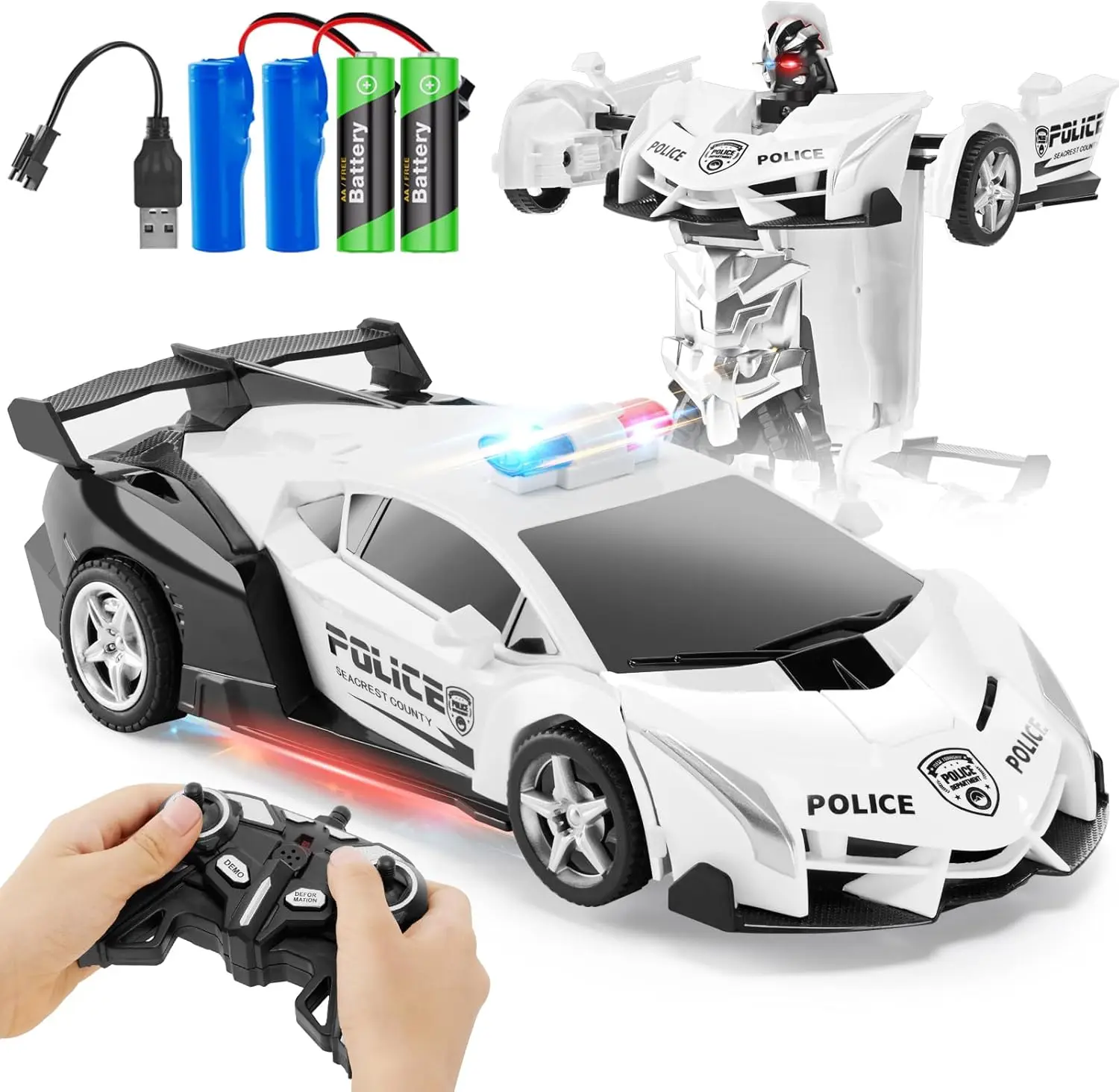 

Перезаряжаемая радиоуправляемая полицейская машина 2.4G, трансформирующийся робот-автомобиль со световыми эффектами, подарок для детей 6-12 лет (черный/белый)