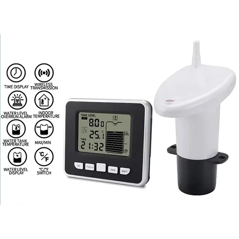 

B62B-Wireless Water Level Indicator Gauge Water Tank Sensor Liquid Level Sensor Digital Thermometer Clock Water Level Meter