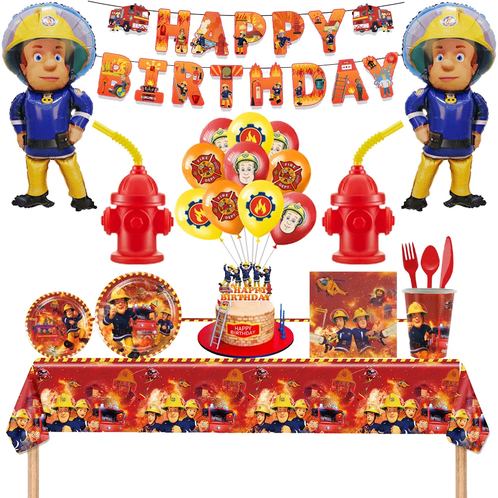 Firefighter Sam Birthday Party Tablecloth Tableware Balloons Banner Fire Hydrant Straw Cups With Lids Kids Gift Boys Party Decor