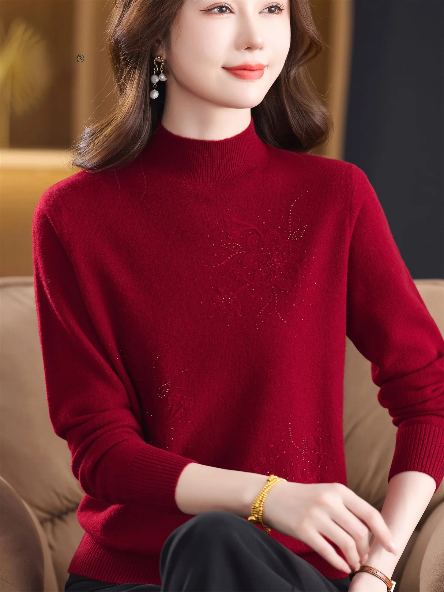 

Ladies Knitted f High Collar Pure Wool Loose Fit Faionable Spring Autumn Top for Middle Aged And ly Women