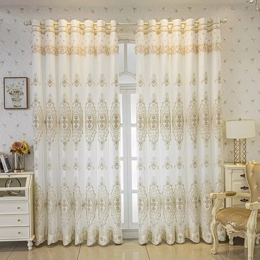 Double Layer Embroidered Curtains For Bedroom Luxury European Bead Rope Embroidered Tulle Curtains with Valance for Living Room