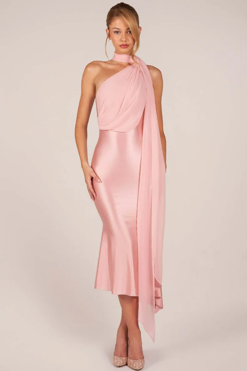 Halsbandkleid aus Satin mit Schleife, sexy, elegant und modisch, langes Damenkleid für Abschlussfeier und Abendessen. – Detail 17