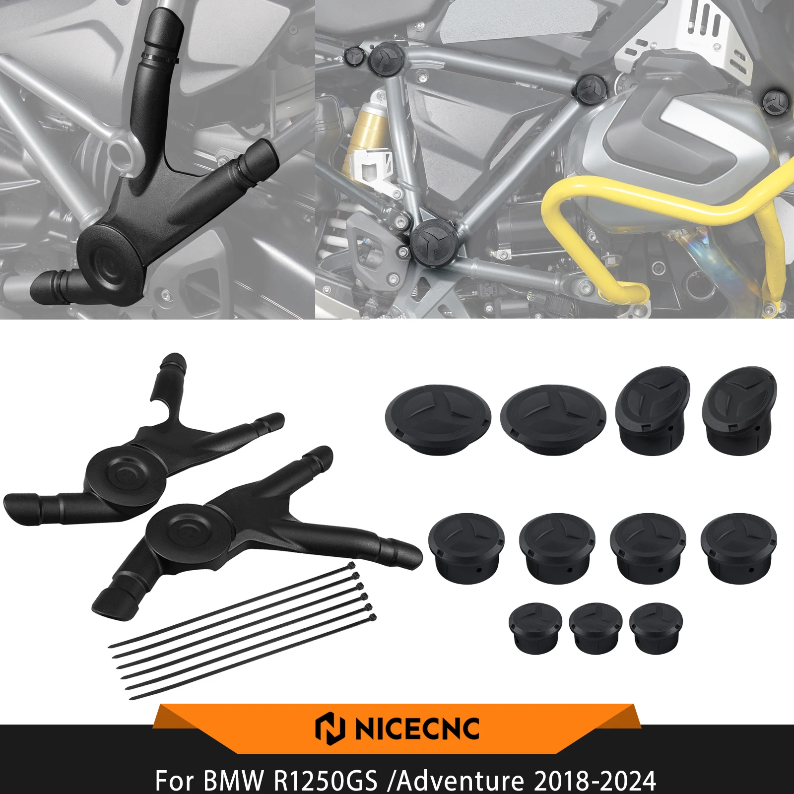 NICECNC For BMW R1250GS Adventure 2018-2024 R1250 GSA R1250GS 2018-2022 Motorcycle Frame protector 11pcs Frame Hole Caps Plug