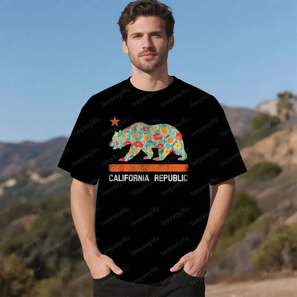 Estado urso estrela papoula flor la cali camiseta república da califórnia camisetas masculinas moda crewneck algodão manga curta