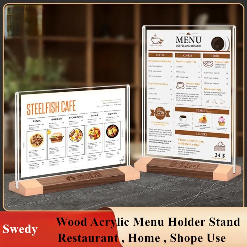4 Pieces A5 148X210MM Wood Base Acrylic Sign Holders Board Restaurant Menu Paper Holder Display Stand Table Acrylic Card Stand