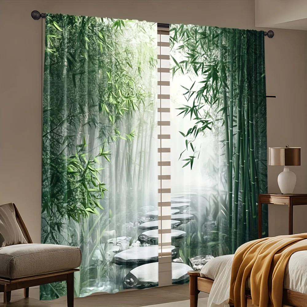 Tropical Bamboo Forest Curtains Jungle Nature View Window Curtains Luxury Filter Screen for Living Room Bedroom Decor