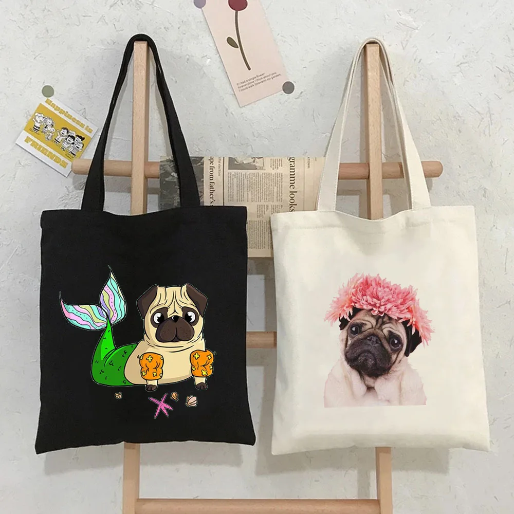 Adorável spoof bonito filhote de cachorro pug cão kawaii animal feminino bolsa de ombro lona harajuku shopper moda casual verão tote shopper sacos