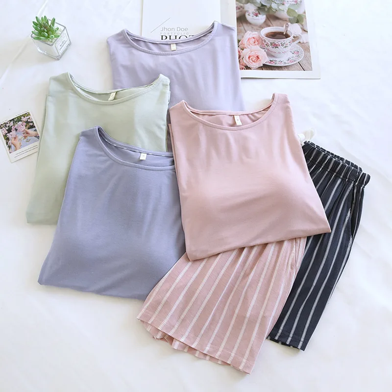 

Summer Women Modal Pajamas Solid Color Short Sleeved Pullover Striped Shorts Sleepwear Female 2 Piece Set Nightwear