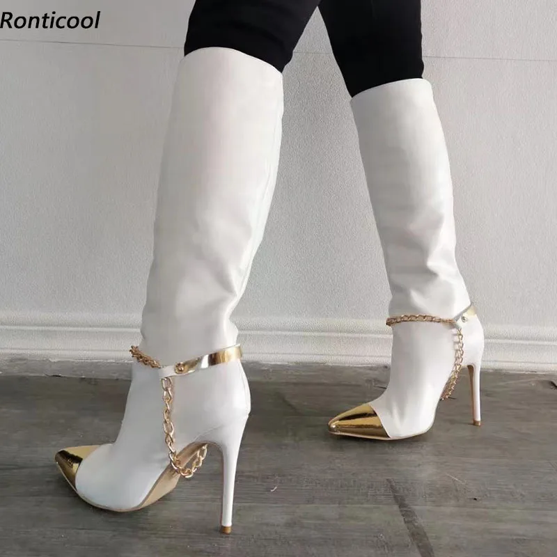 

Ronticool Высококачественные женские зимние сапоги до колена без шнуровки на шпильке с острым носком, черно-белые клубные туфли размера США 5-15