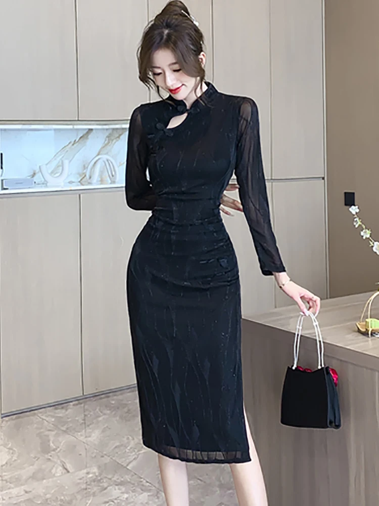 2024 Black Mesh Hollow Out Sheer Sexy Long Dress Women Fashion Bodycon Pretty Dress Autumn Winter Korean Elegant Party Vestidos