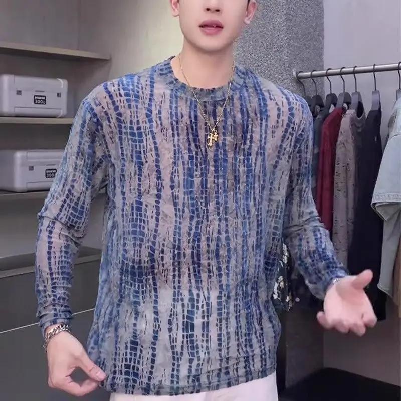 Men Striped Mesh Sheer See Through Long Sleeve O Neck Sweatshirts Fashion Chic Casual All-match Sexy Party Tops Tee Blue Dating